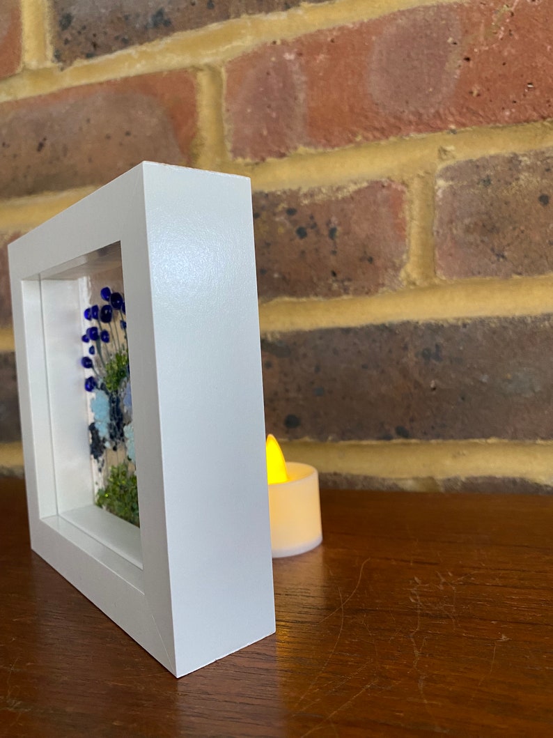 Robin & blue agapanthus and alliums fused glass panel in white frame. Birthday anniversary celebration wedding housewarming retirement gift image 9