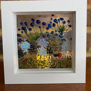 Robin & blue agapanthus and alliums fused glass panel in white frame. Birthday anniversary celebration wedding housewarming retirement gift image 8