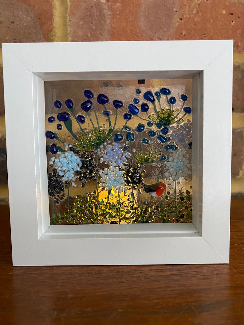 Robin & blue agapanthus and alliums fused glass panel in white frame. Birthday anniversary celebration wedding housewarming retirement gift image 8