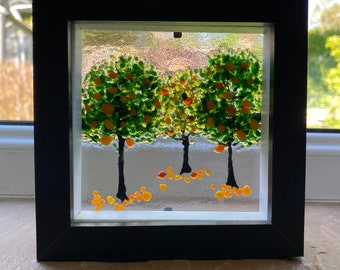 Orange trees fused glass panel in black 10x10cms freestanding frame. Birthday anniversary celebration wedding housewarming retirement gift