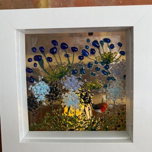Robin & blue agapanthus and alliums fused glass panel in white frame. Birthday anniversary celebration wedding housewarming retirement gift image 6