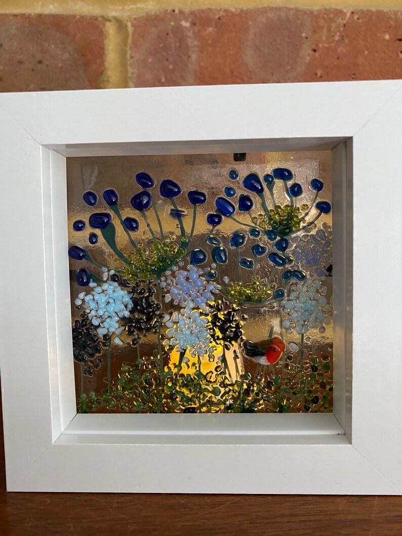 Robin & blue agapanthus and alliums fused glass panel in white frame. Birthday anniversary celebration wedding housewarming retirement gift image 6