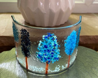 Blue trees small fused glass curve. Birthday anniversary celebration engagement holiday thank you wedding housewarming gift.
