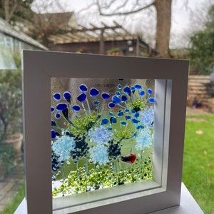 Robin & blue agapanthus and alliums fused glass panel in white frame. Birthday anniversary celebration wedding housewarming retirement gift image 3