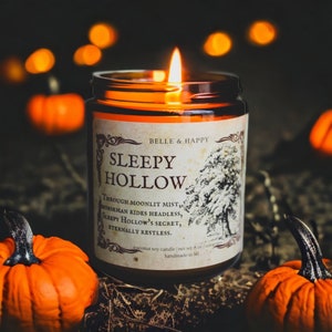 Sleepy Hollow Pumpkin Bourbon Candle Halloween Candle Fall Candles Book Lover Candle Literary Candles Bibliophile Gift Creepy image 3