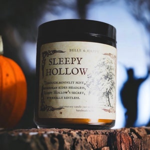 Sleepy Hollow Pumpkin Bourbon Candle Halloween Candle Fall Candles Book Lover Candle Literary Candles Bibliophile Gift Creepy image 4
