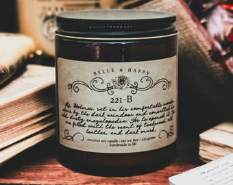 Sherlock Holmes Candle | Teakwood Leather Soy Candle | Gift for Him Book Lover | Dark Academia Candle | Literary Candle Gift for Men