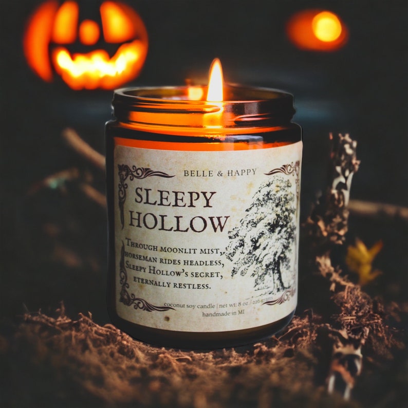 Sleepy Hollow Pumpkin Bourbon Candle Halloween Candle Fall Candles Book Lover Candle Literary Candles Bibliophile Gift Creepy image 1