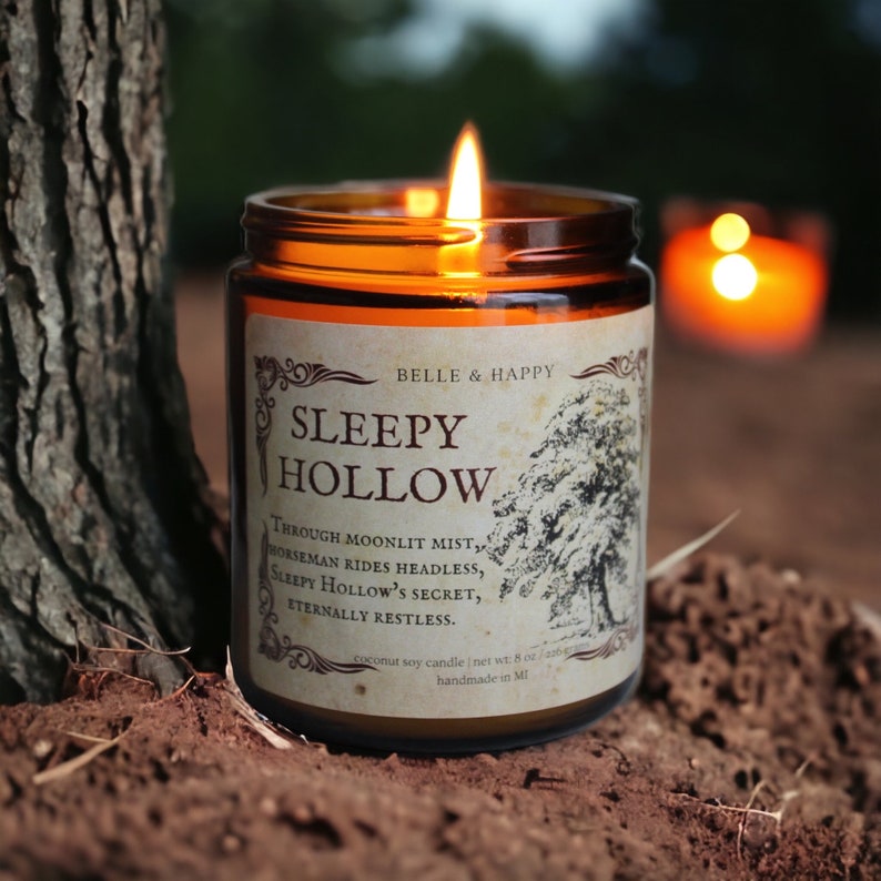 Sleepy Hollow Pumpkin Bourbon Candle Halloween Candle Fall Candles Book Lover Candle Literary Candles Bibliophile Gift Creepy image 2