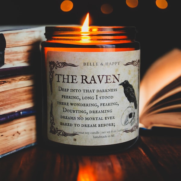 The Raven Edgar Allan Poe, Halloween Candle, Fall Candles, Poetry Gifts, Literary Candles, Bibliophile Gift, Creepy Decor, Masculine Scented