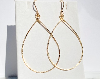 Gold Teardrop Shiny Hoop Earrings | Hand Hammered | Handcrafted of 14K Gold-Filled | Textured Hoops | Gifts for Her | Artisan Jewelry