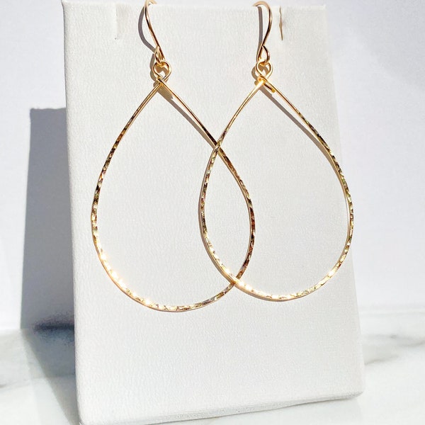 Gold Teardrop Shiny Hoop Earrings | Hand Hammered | Handcrafted of 14K Gold-Filled | Textured Hoops | Gifts for Her | Artisan Jewelry