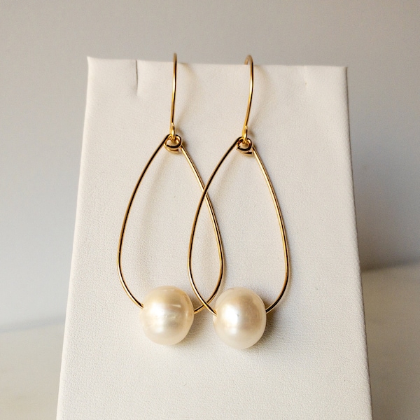 Pearl Dangle Drop Earrings Handmade Teardrop Hoops 14k Gold Filled Freshwater Pearl Handcrafted Artisan Earrings Boho Gift for Her