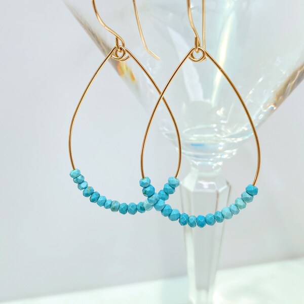 Gold Turquoise Beaded Teardrop Hoop Earrings for Women | Hand Crafted Boho Gifts for Her | Minimalist Artisan Jewelry for Women