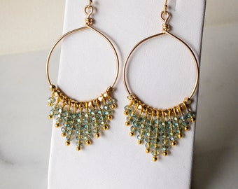 Gold Beaded Hoop Earrings Handcrafted 14k Gold-Filled with Heishi Beads Tiny Blueish Green Crystals Handmade Boho Artisan Jewelry Gifts