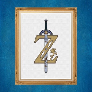 May include: A gold and blue cross-stitch pattern of the Master Sword from the Legend of Zelda video game series, framed in a gold frame.
