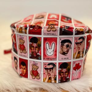 Bad Bunny Scrub Cap:Be Mine, Valentine, Lotería San Valentin. El Conejo Malo! Enfermeras Latinas y Chingona, Great RN Gift. Raíces latinas!