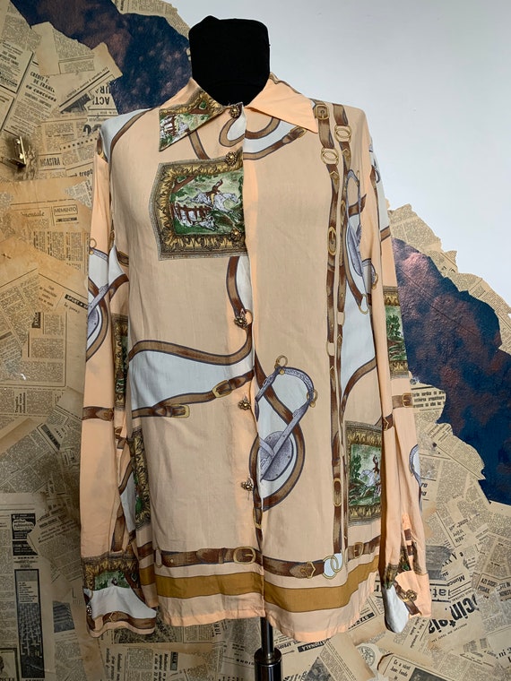 Equestrian print 80s vintage blouse/ Horse print