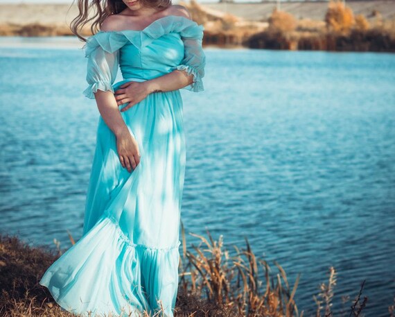 1970 Blue Maxi Dress/ Cinderella dress/ Vintage ev