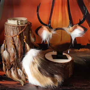 Elk Antler Ears and Tail Set, Faux Fur Cosplay, Animal Headband