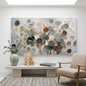 Handmade 3D Textured Sage Green Oil Painting, Large Horizontal Impasto Canvas, Neutral Botanical Leaf Art