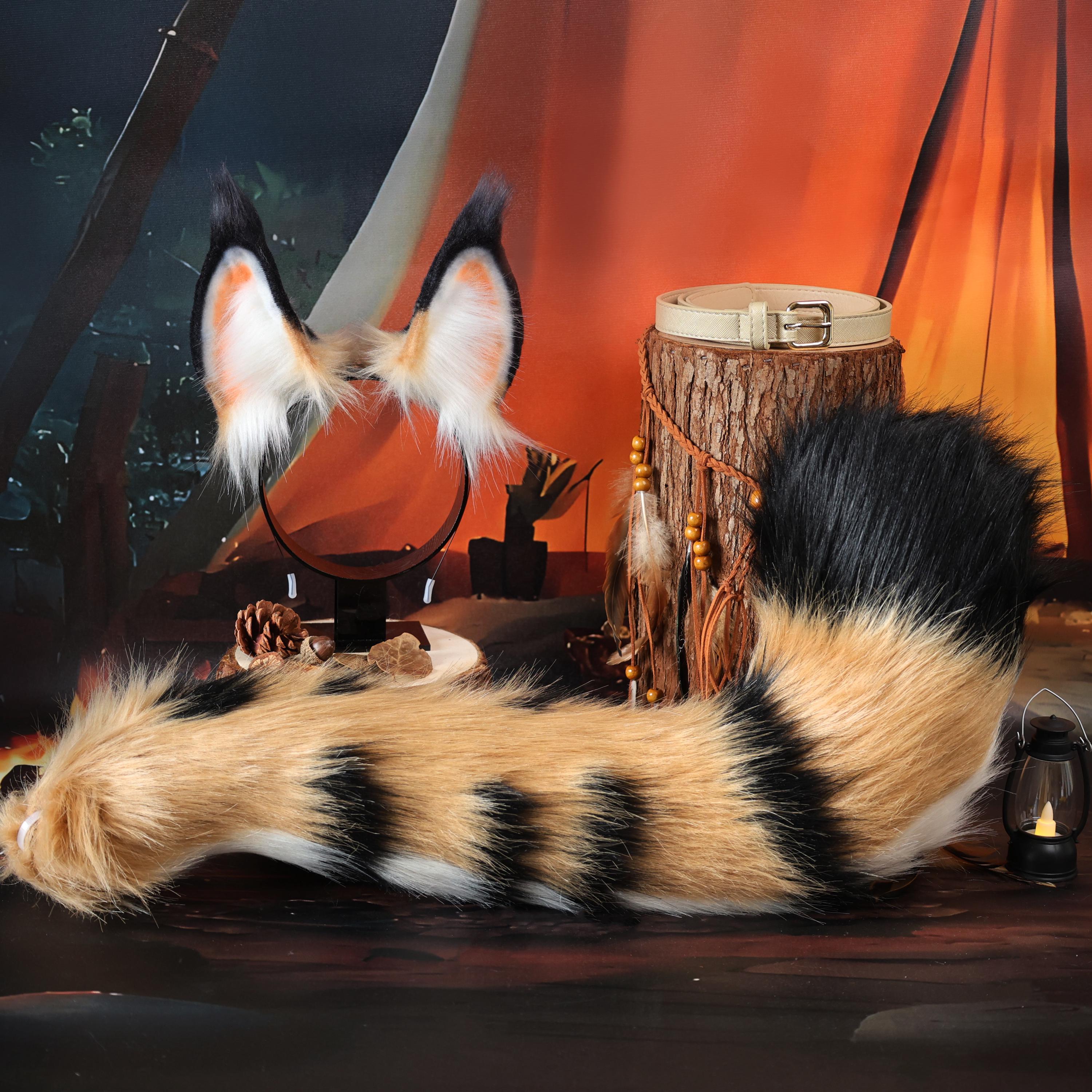 Serval Cat Ears and Tail Set, Faux Fur Headband, Animal Cosplay