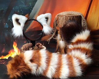 Red Panda Ears Tail Set Faux Fur Cosplay Props Cute Plush Animal Costume Accessories for Halloween Fairy Festival LARP Outfits