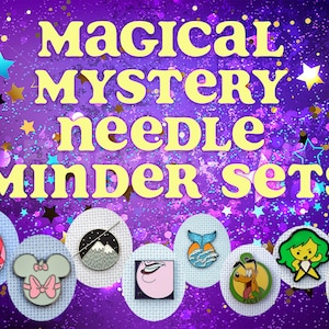 May include: A set of eight colorful needle minders with a magical mystery theme. The minders feature a variety of designs, including a mermaid, a mountain, a princess, a mouse, a ghost, a cartoon character, a witch, and a wizard. The minders are set against a purple background with stars and glitter.