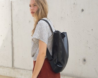 Minimal Black Vegan Leather Backpack, Modern Laptop Work Bag, Evening and Daily Bag, Elegant City Backpack, Unique Gift for Her Backpack