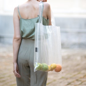 Transparent Grocery Poly Bag, Clear Cellophane Tote Bag, Minimalist Modern Summer Tote, Vynil Shopping Bag, Market Bag, Beach Bag image 1