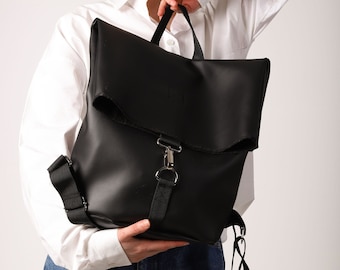 Elegant Black Rolltop Backpack, Minimalist Large Backpack, Water Resistant Backpack, Rucksack for Women, Laptop Backpack, Rolltop Rucksack