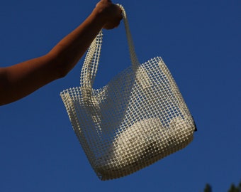 Stylish Poly Bag, Transparent Mesh Tote, See trough Net Bag, 3d Bag Unique, Net Purse Vanilla, Interesting Summer Transparent Bag