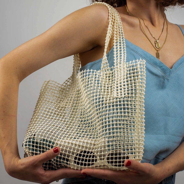 Textured Net Bag Vanilla, Fun Mesh Summer Tote, Handcrafted Fashion Purse, Net Shoulder Bag, Foam Bag, Mesh 3D Purse, Original Design Purse