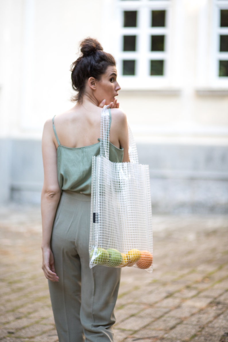 Transparent Grocery Poly Bag, Clear Cellophane Tote Bag, Minimalist Modern Summer Tote, Vynil Shopping Bag, Market Bag, Beach Bag image 1