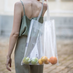 Transparent Grocery Poly Bag, Clear Cellophane Tote Bag, Minimalist Modern Summer Tote, Vynil Shopping Bag, Market Bag, Beach Bag image 2