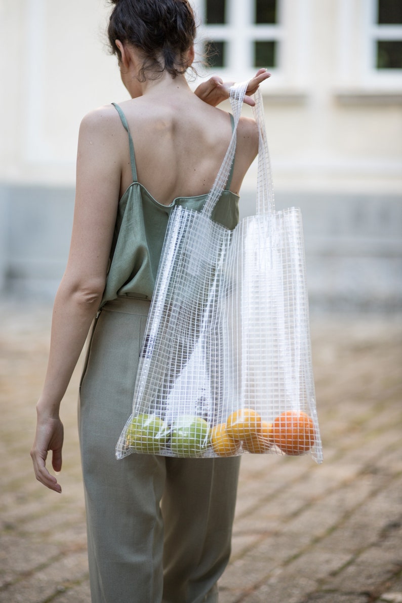 Transparent Grocery Poly Bag, Clear Cellophane Tote Bag, Minimalist Modern Summer Tote, Vynil Shopping Bag, Market Bag, Beach Bag image 2