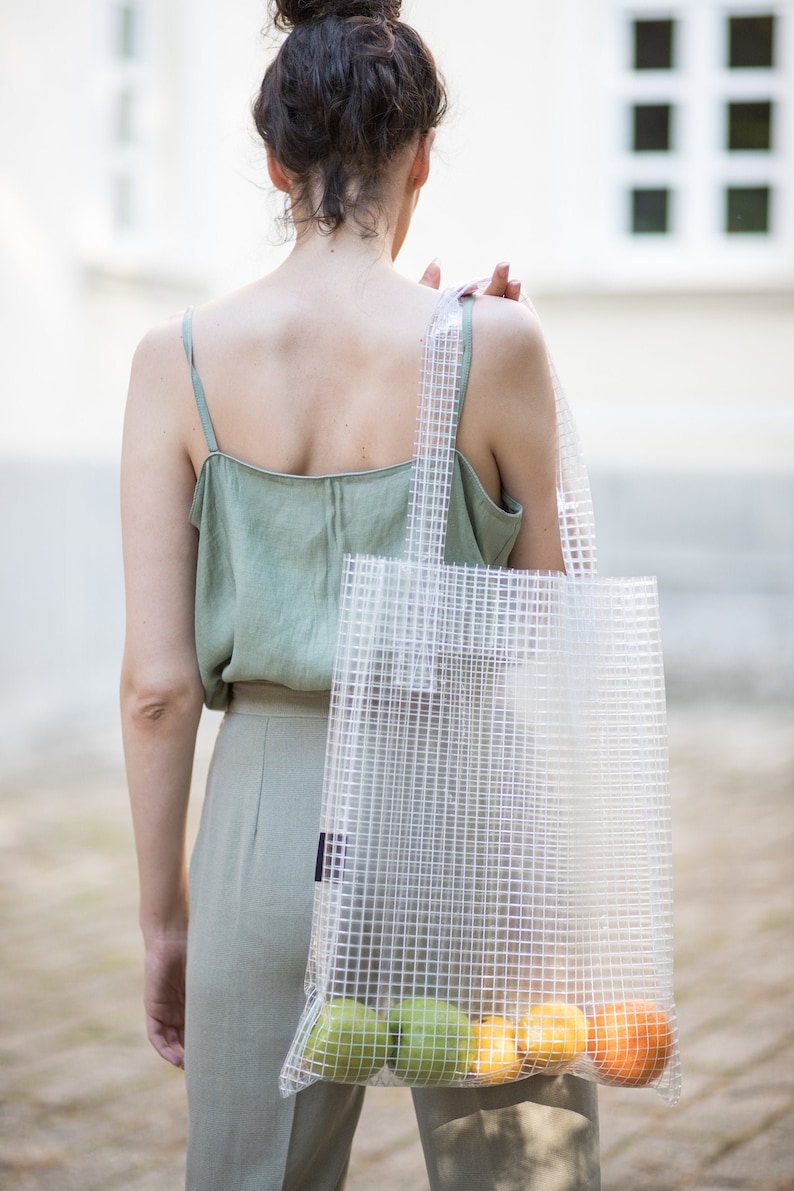 Transparent Grocery Poly Bag, Clear Cellophane Tote Bag, Minimalist Modern Summer Tote, Vynil Shopping Bag, Market Bag, Beach Bag image 4