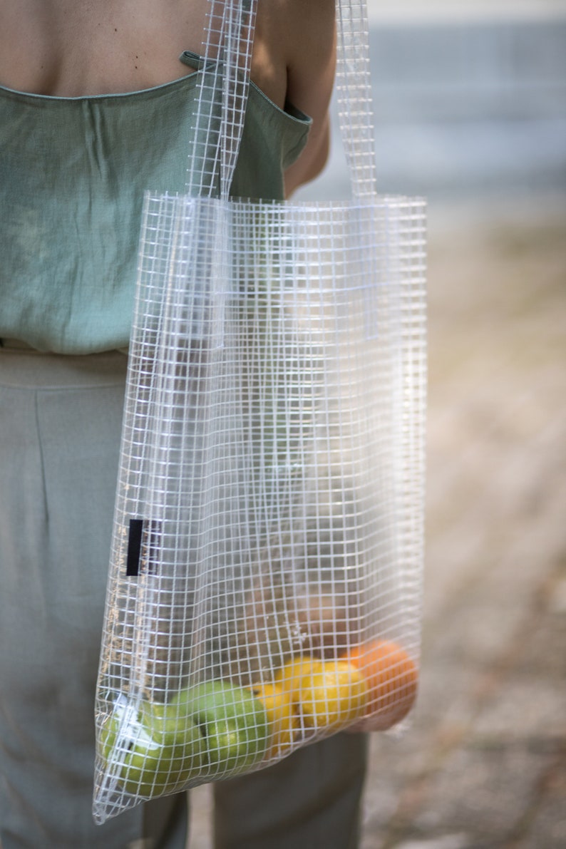 Transparent Grocery Poly Bag, Clear Cellophane Tote Bag, Minimalist Modern Summer Tote, Vynil Shopping Bag, Market Bag, Beach Bag image 3