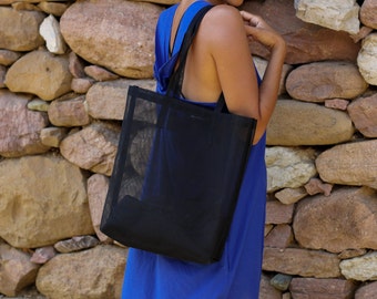 See Trough City Bag, Lightweight Net Bag, Useful Elegant Bag, Minimalist Tote, Stylish Mesh Bag, Black Modern Bag, Transparent Shopper Bag