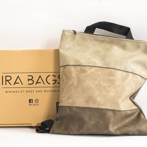 Buchrucksack aus veganem Leder, minimalistischer Laptoprucksack, Alltagsrucksack für Frauen, stilvoller Stadtrucksack, geometrischer beige brauner Rucksack