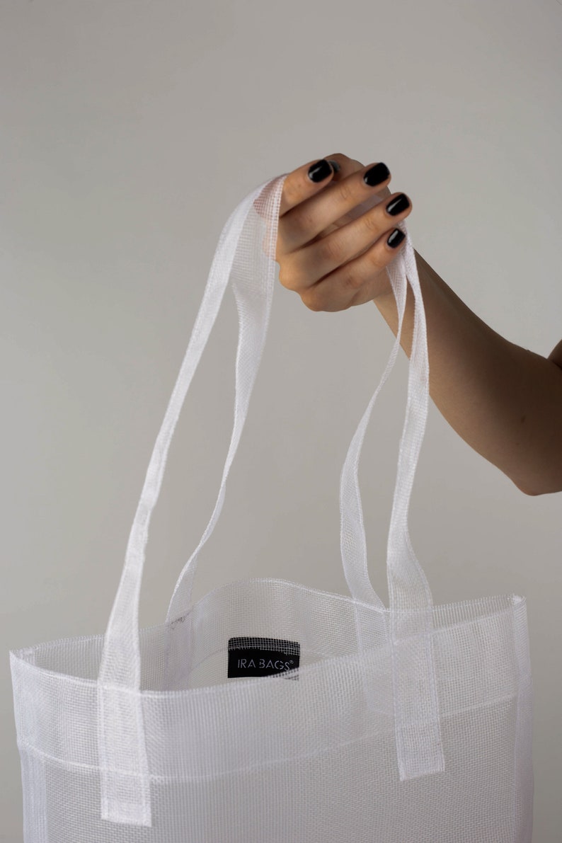 Mesh zomertas, opvouwbare boodschappentas, nylon transparante tas, handgemaakte minimalistische tas, lichte boodschappentas, netfruittas, handschoudertas afbeelding 7