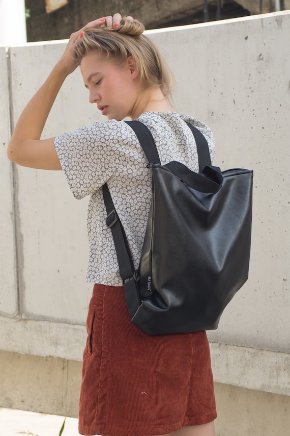 Minimalist Black Vegan Leather Backpack: Modern City Bag - Etsy display picture 1