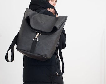 Rolltop Vegan Leather Backpack,Modern Computer Backpack,Laptop Waterproof Backpack,Minimalist Stylish Backpack,Unique Gift for Her Backpack
