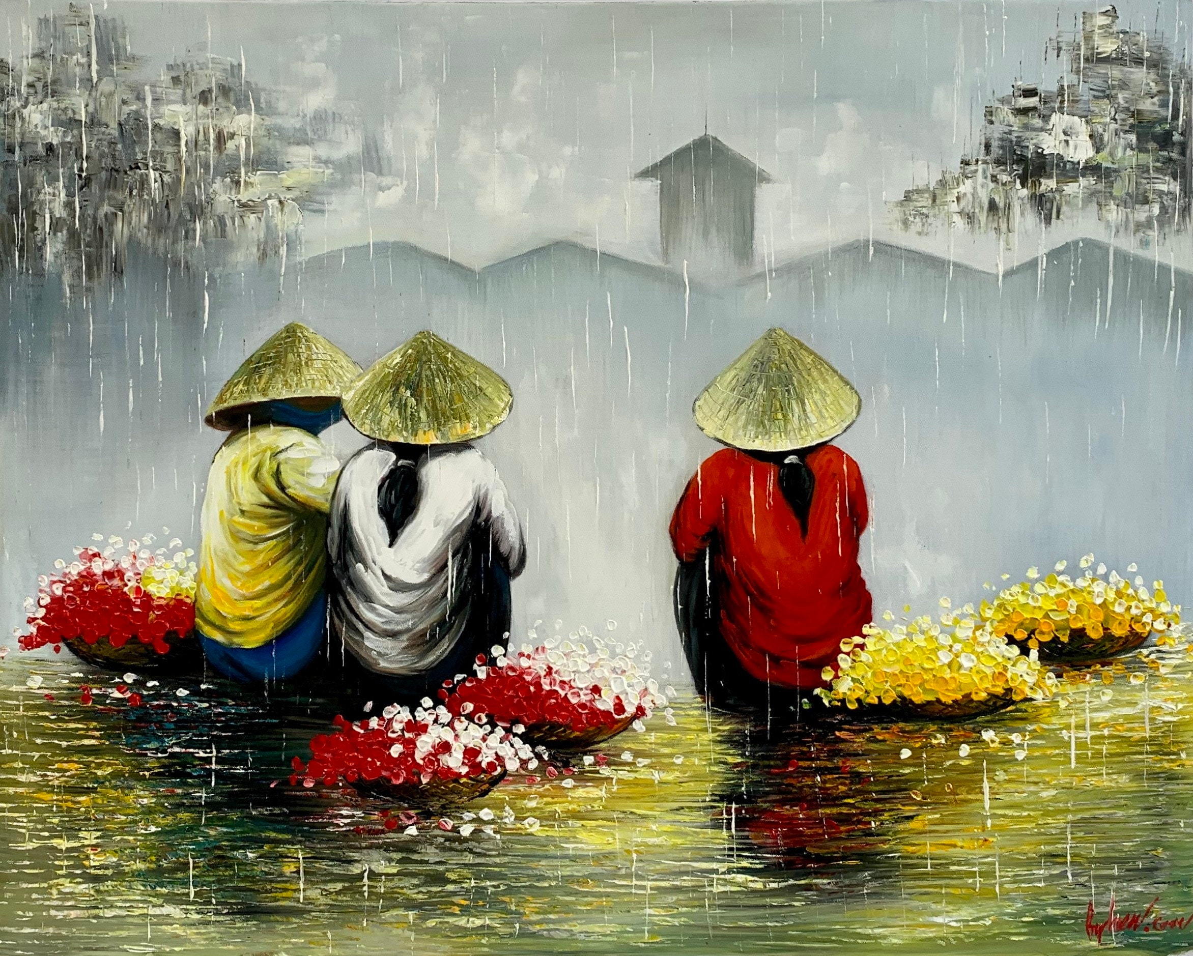 Rain in Vietnam Oil Painting on Canvas Hand Painted Home