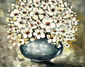 White Blossoms Bouquet - Oil Painting on Canvas - Hand Painted - Home Decor - Custom Sizes