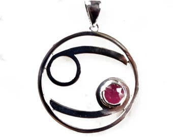 Cancer Zodiac Astrology Ruby Silver Necklace