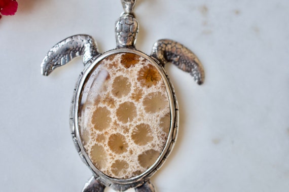 Bambus versteinerte Koralle Sterling Silber Schildkrte Halskette - Etsy.de