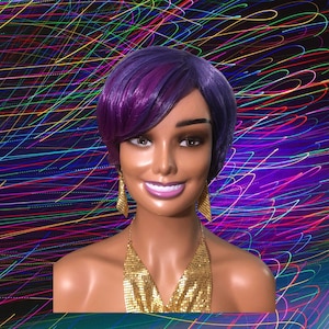 Blue and Purple Pixie Wig: Short Hair Piece with Bangs