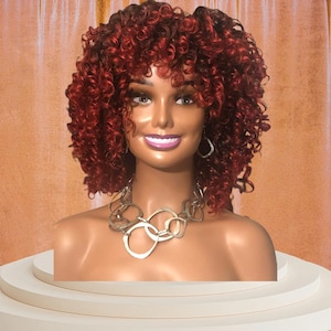 Curly Dark Brown Ombre Wig: Cherry Red Synthetic Hair Piece