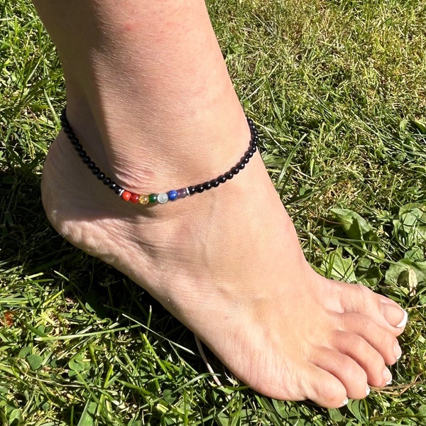 Black Tourmaline Seven Chakras Balancing Grounding & Protection Ankle Bracelet - HEALING - MALA - BRACELET